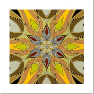 Cartoon Mandala Flower Yellow Grey and Red Posters and Art